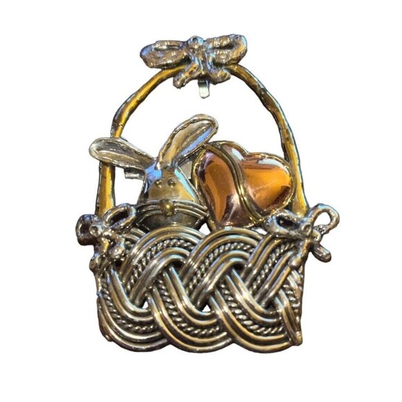 Jewelry - Vintage Tri Tone Easter Whimsical Bunny Rabbit Basket Heart  Pin Brooch Pendant